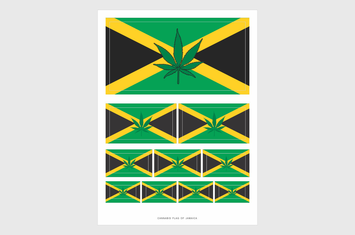 Jamaica Cannabis Leaf Flag Sticker, Weatherproof Vinyl Jamaican Marijuana Leaf Flag Stickers